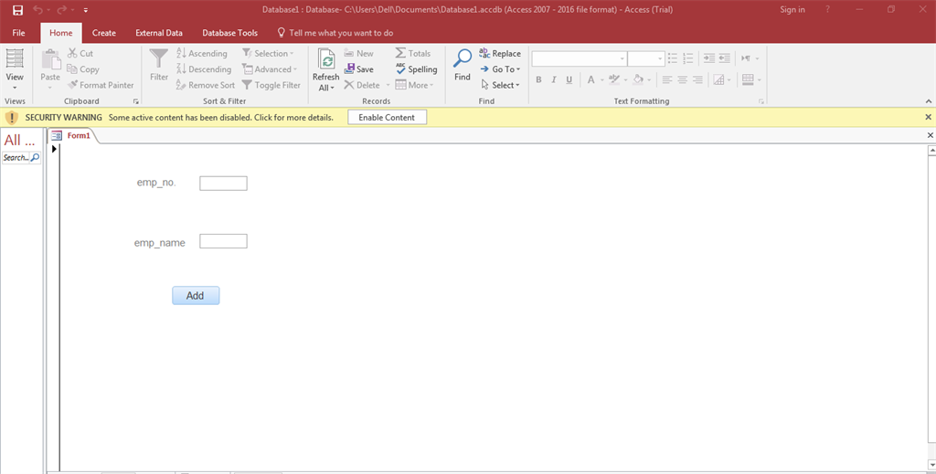 create form using ms access